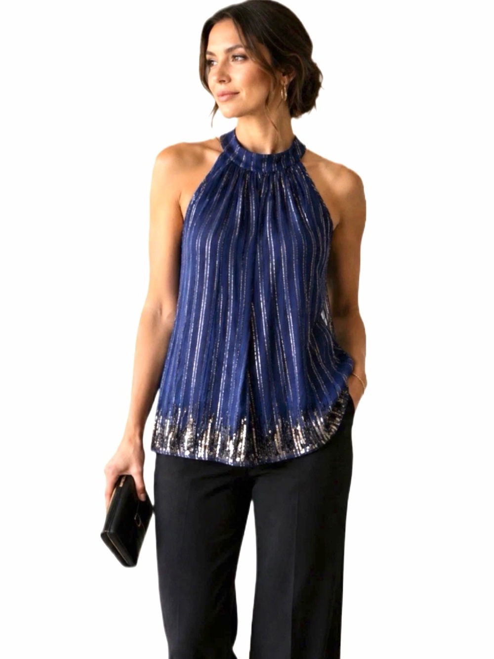 ANTHROPOLOGIE x Ranna Gill Blue Sequin Halter Swing Tank Top Small Navy Blue
